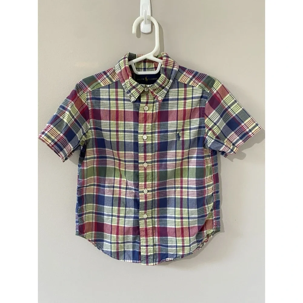Ralph Lauren Multicolor Plaid Shirt Boys 4T Short Sleeve Button Up Embroidered